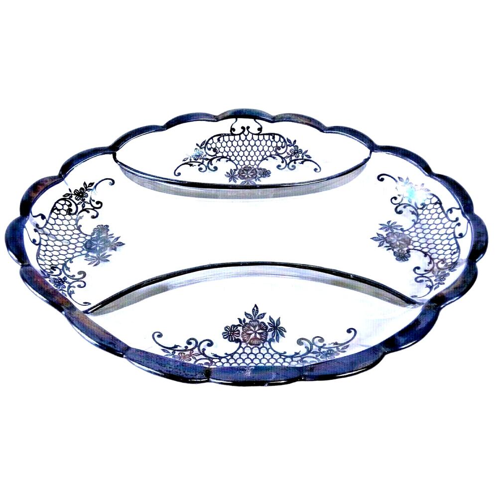 Vintage Silver City Oval Divided Scalloped Edge Relish Candy Nut Dish 3 Section